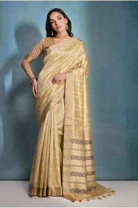 Cream Saree in Tussar silk with Printed SR27095