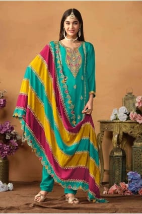 Embroidered Chiffon Straight Pant Suit in Sea green with Dupatta SK154374