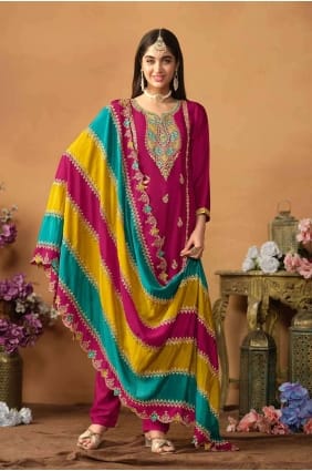Embroidered Chiffon Pink Straight Pant Suit with Dupatta SK154375