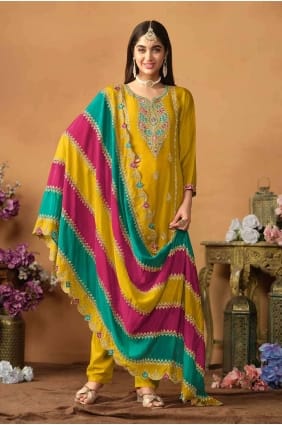 Chiffon Straight Pant Suit in Yellow with Embroidered SK154376