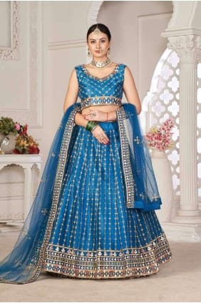 Net Embroidered Rama Lehenga Choli with Dupatta LC7886