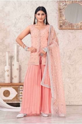 Peach Georgette Embroidered Sharara Suit with Dupatta SS1148