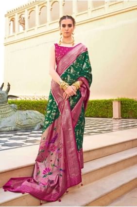 Silk Printed Green Saree with Blouse SR27139