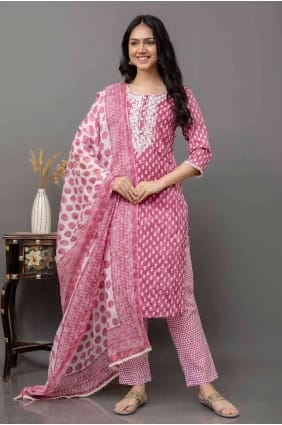 Cotton Straight Pant Suit with Embroidered in Maroon SK154387