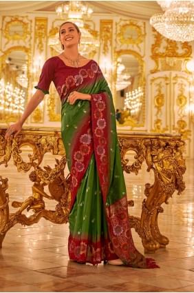 Weaving Banarasi silk Saree in Green with Blouse SR27172