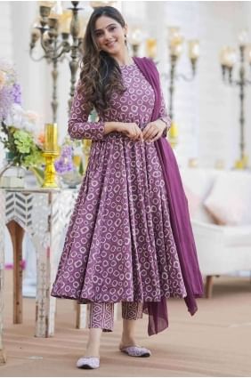 Purple Embroidered Anarkali Suit in Cotton AS3944