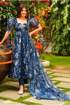 Embroidered Cotton Blue Anarkali Suit with Dupatta AS3945