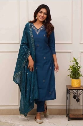 Teal blue Embroidered Anarkali Suit in Chanderi silk SK154398