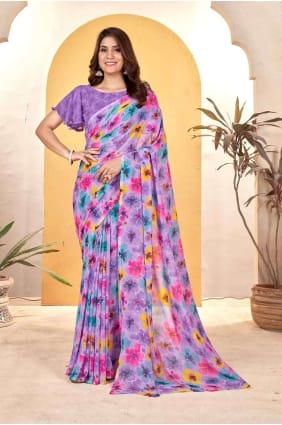 Plain Purple Saree in Printed SR27202