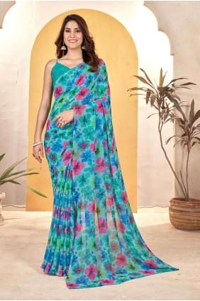 Plain Saree with Printed in Sea green SR27203