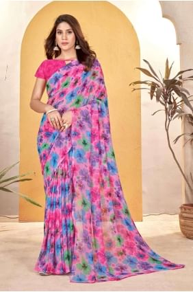Pink Printed Saree in Plain SR27204