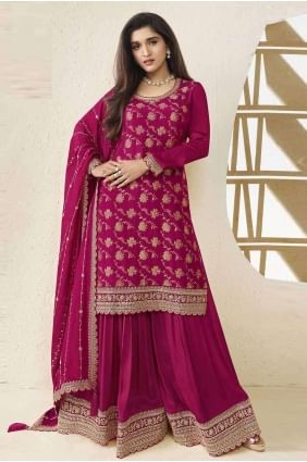 Embroidered Chiffon Sharara Suit in Rani with Dupatta SS1153