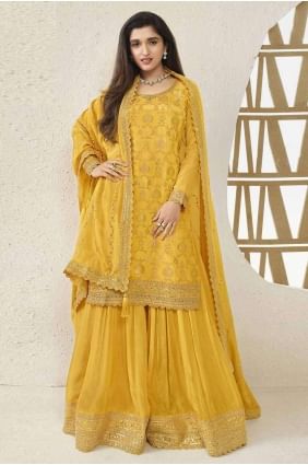 Embroidered Sharara Suit in Yellow Chiffon SS1154