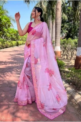 Organza Embroidered Pink Saree with Blouse SR27217