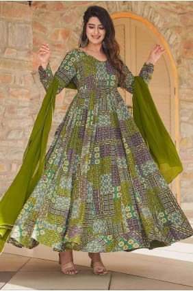 Rayon Green Gown Dress in Printed GW0913