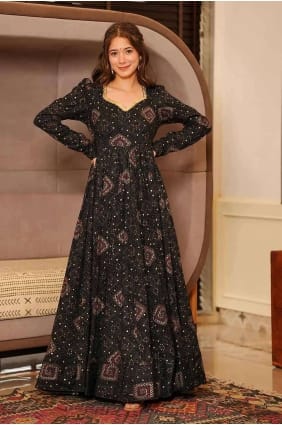 Printed Gown Dress in Black Rayon GW0915