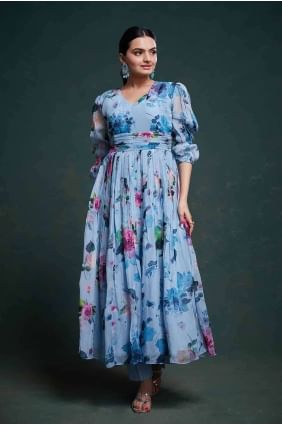 Organza Anarkali Suit with Embroidered in Sky blue AS3952