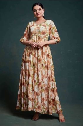 Anarkali Suit in Cream Organza with Embroidered AS3953