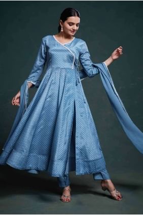 Anarkali Suit in Blue Chiffon with Embroidered AS3956
