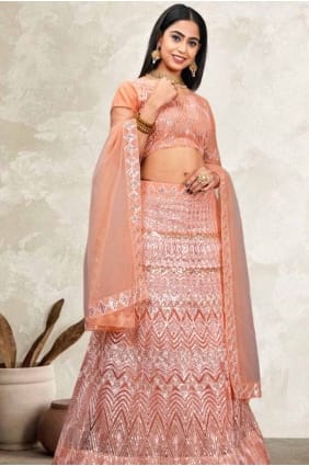 Embroidered Lehenga Choli in Peach Net LC7917