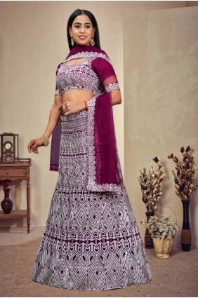 Net Lehenga Choli in Wine with Embroidered LC7919