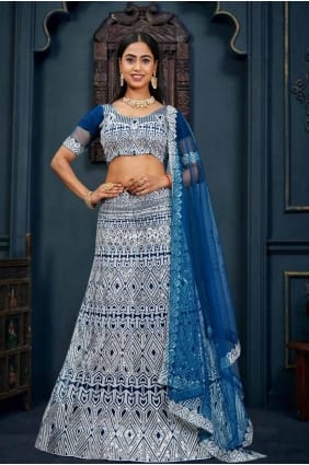 Net Lehenga Choli with Embroidered in Blue LC7922