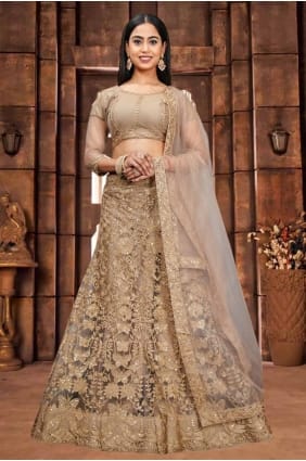 Beige Embroidered Lehenga Choli in Net LC7923