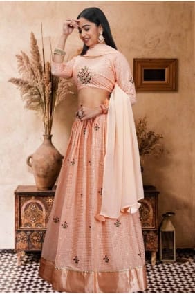 Embroidered Georgette Lehenga Choli in Peach with Dupatta LC7924