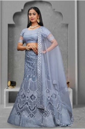 Net Lehenga Choli in Grey with Embroidered LC7926