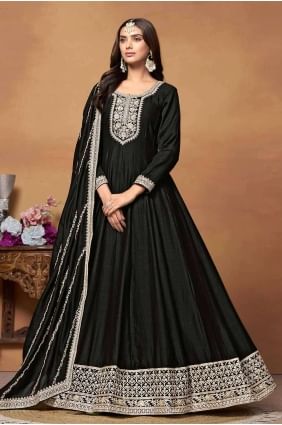 Black Anarkali Suit in Embroidered Art silk AS3959