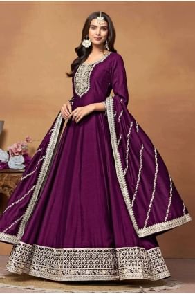 Art silk Anarkali Suit in Purple with Embroidered AS3961