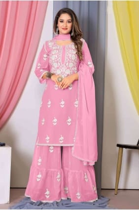Pink Straight Pant Suit in Georgette with Embroidered SK154413