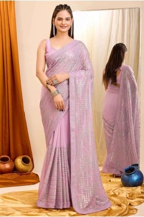 Embroidered Georgette Saree in Purple with Blouse SR27267
