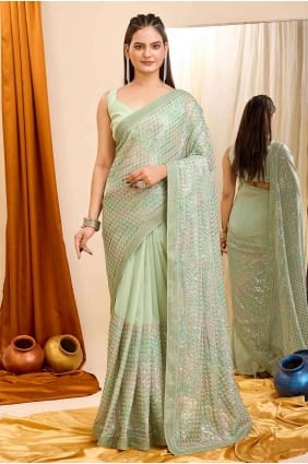 Saree in Pista Georgette with Embroidered SR27270