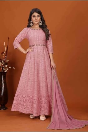 Faux georgette Gown Dress with Embroidered in Pink GW0919