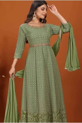 Faux georgette Gown Dress in Pista with Embroidered GW0920