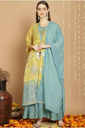 Art silk Straight Suit with Embroidered in Mustard SK154426