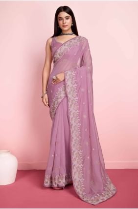 Organza Embroidered Pink Saree with Blouse SR27298