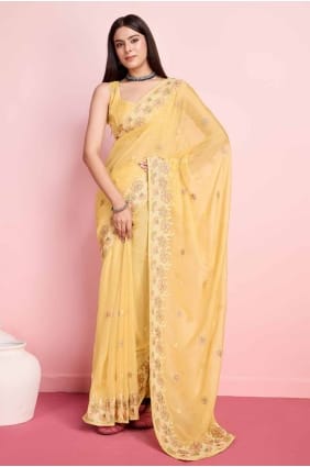 Organza Embroidered Yellow Saree with Blouse SR27300