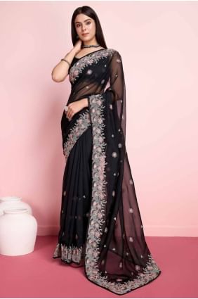 Saree in Black Organza with Embroidered SR27303
