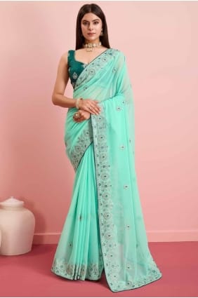 Embroidered Georgette Sea green Saree with Blouse SR27305