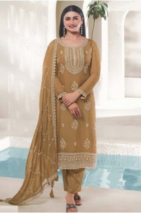 Salwar Kameez in Mustard Organza with Embroidered SK154447