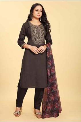 Silk Embroidered Black Straight Pant Suit with Dupatta SK154466