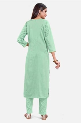 Weaving Silk Straight Pant Suit in Sea green SK154471