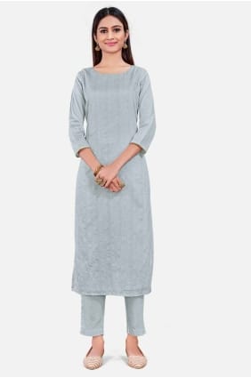 Weaving Straight Pant Suit in Grey Silk SK154473