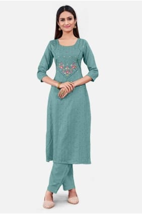 Kurti in Sea green Cotton with Embroidered KTI2447