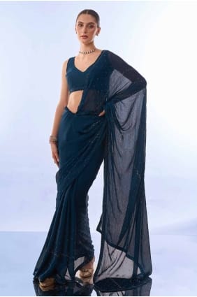 Teal blue Satin Saree with Plain SR27310