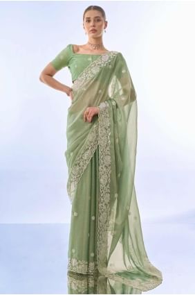 Cotton Saree with Printed in Pista SR27316