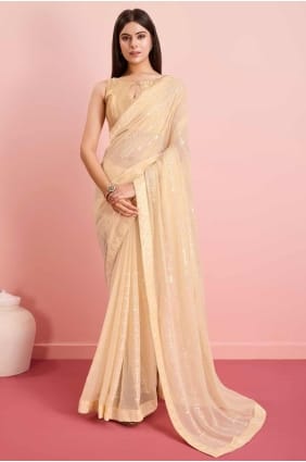 Beige Saree in Sequins embroidered Georgette SR27318
