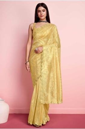 Net Saree with Embroidered in Yellow SR27334